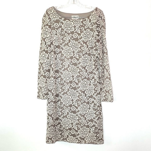 Eliza J Overlay Lace Sheath Dress Beige Taupe Long Sleeve Formal Dress Size 14 - Picture 4 of 7